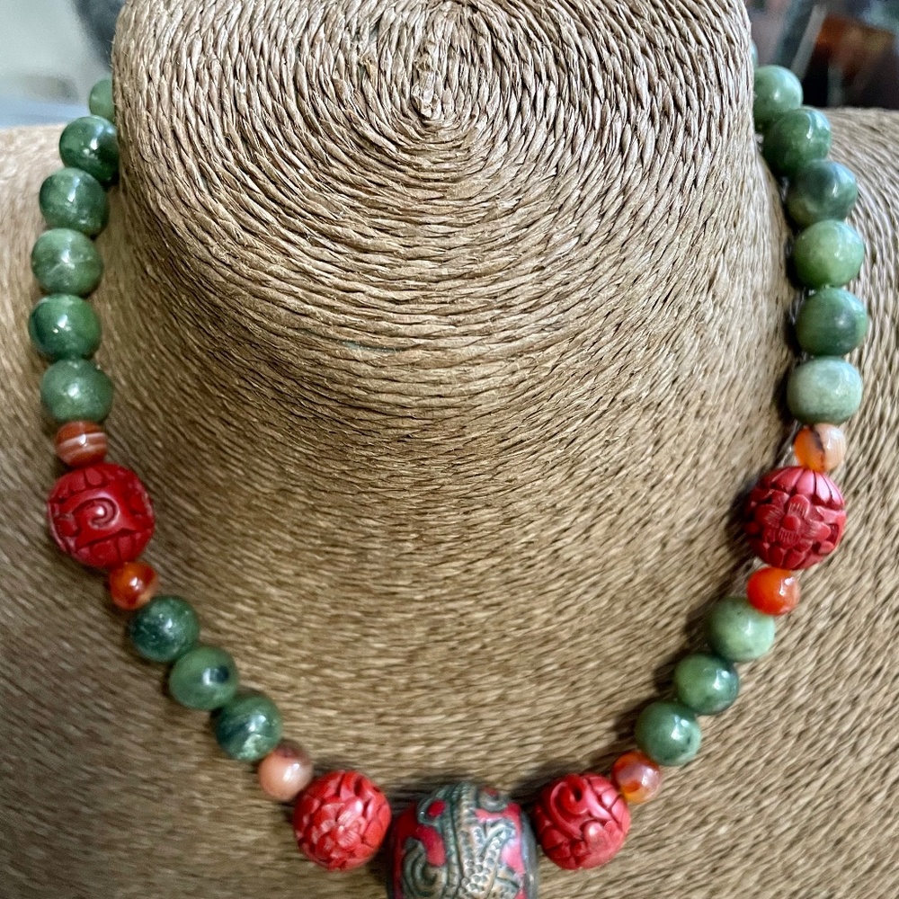 vintage chinese green spinach jade necklace with carnelian and cinnabar beads